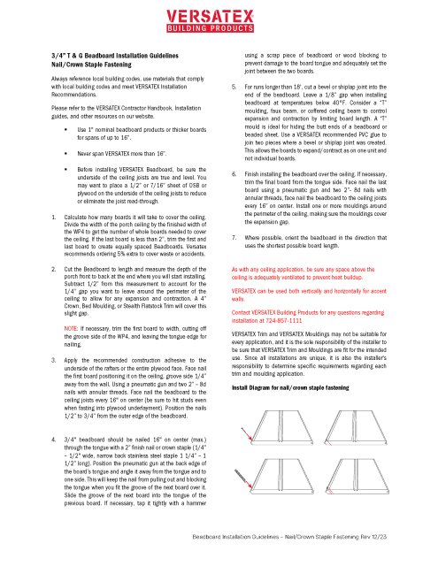 VERSATEX T & G Beadboard Installation Guidelines - Nail & Crown Staple Fastening